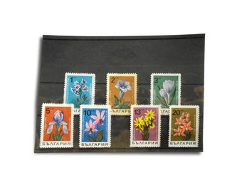 Flowers on vintage postage stamps, full set from Bulgaria 1968 | Relief print style floral illustrations, ephemera with simple classic charm