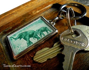Elephant & Calf Keyring - upcycled 1957 postage stamp from Spanish Guinea