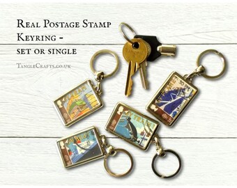 Retro Transport Keyring Set - real 1988 GB postage stamps