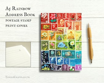 Rainbow Birthday Address Book A5, Multicolour Postage Stamp Print | A-Z Password Book Month Planner | Eclectic Office Gift for letter writer