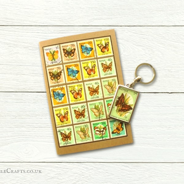 Butterfly Keyring Address Book Set - recycled vintage stamps | Unique Kenya postal history gift - A-Z nature spotter log + upcycled keychain