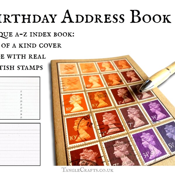 Autumn Colours address book & birthday book • upcycled postage stamp stationery set in tin • Fall leaves office gift, British Queen stamps