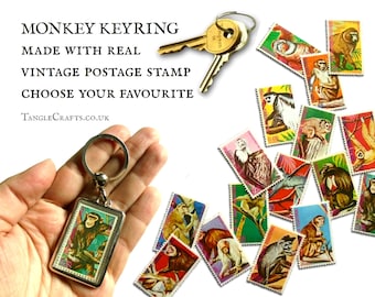 Monkey Keyring - choose from 16 primates, real upcycled postage stamp keychain