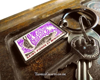 Retro Seal Keyring - upcycled 1969 postage stamp, St Pierre & Miquelon