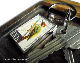 Green Woodpecker Keyring - upcycled 1964 Czech postage stamp