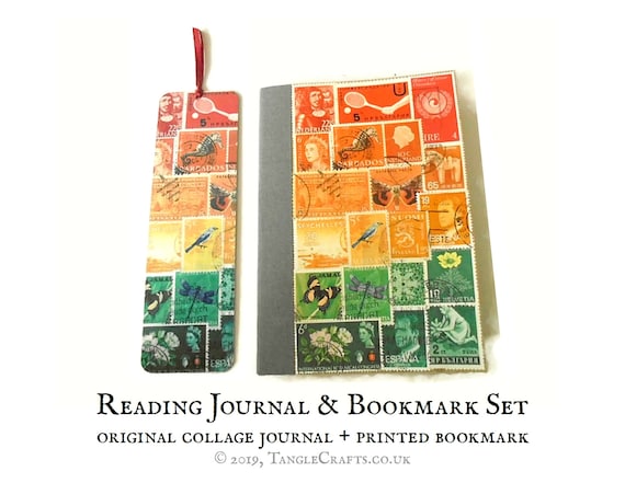 Reading Journal & Bookmark Gift Set Boxed With Pen, Unique Gift for Reader,  Original Sunset Art Book Log Stamp Print Aluminium Page Marker 