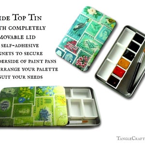 Pocket size DIY Palette for watercolours, turquoise teal empty tin with slide top lid portable shallow tin box for plein air painting image 3