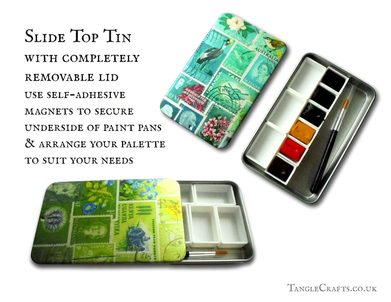 Pocket size DIY Palette for watercolours, turquoise teal empty tin with slide top lid portable shallow tin box for plein air painting image 3