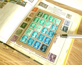 Retro Olive Mustard Notebook, upcycled old British stamps