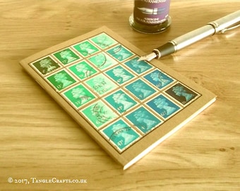 Retro Olive Mustard Notebook, upcycled old British stamps