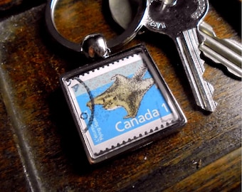Flying Squirrel Keyring - upcycled Canada postage stamp from 1991