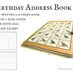 May include: A brown address book with a cover made of real postage stamps featuring colorful birds. The book has a calendar section and lined pages for writing.