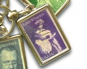 Edith Wharton Keyring - upcycled 1980 USA postal stamp