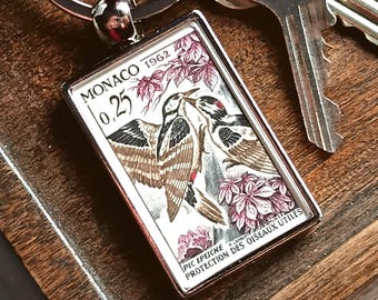 Great Spotted Woodpecker Keyring - vintage 1962 postage stamp from Monaco