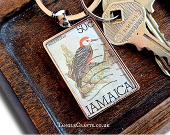 Jamaican Woodpecker Keychain - recycled 1979 Jamaica postage stamp