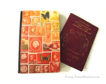 Orange Butterfly Passport Protector | Sunset Orange Red Ombre Postage Stamp Print | fire flame collage faux leather passport cover & tin box