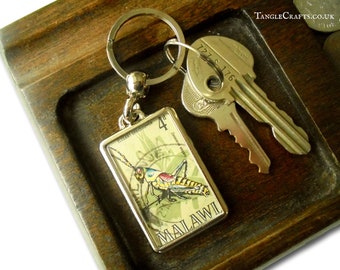 Elegant Grasshopper Keyring - upcycled vintage 1970 Malawi postage stamp