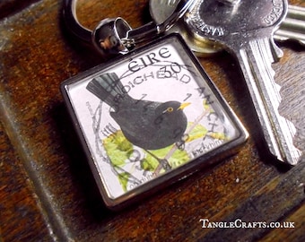 Blackbird Keyring - upcycled Ireland postage stamp from 1998