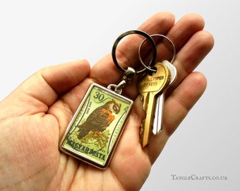 Eurasian Eagle Owl Keyring - upcycled 1962 vintage postage stamp