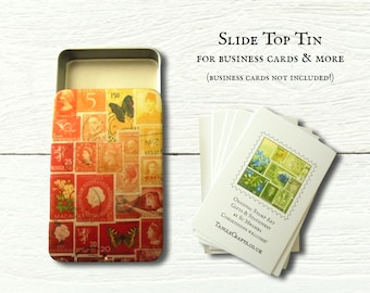 Orange-red business card tin with slide top lid