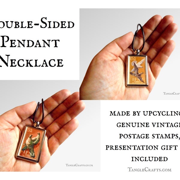 Pair of Doves Pendant Necklet - reversible brown & mustard choker | Pigeons perched, birds in flight | Upcycled vintage 1957 postal stamps