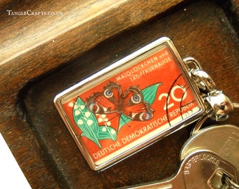 Peacock Butterfly Keyring - upcycled 1959 East Germany postage stamp