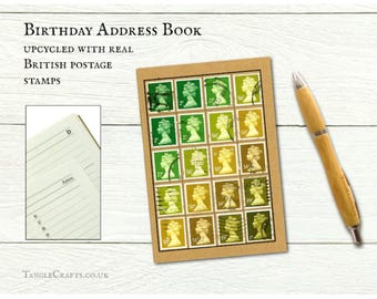 Olive Address Book + Notebook, Retro British Machin Stamps