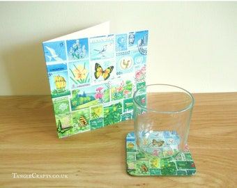 Greeting Card with Coaster Set - Flowers & butterflies postage stamp collage print