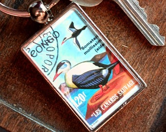 Eider Duck Keyring made with upcycled postage stamp from Congo, 1991