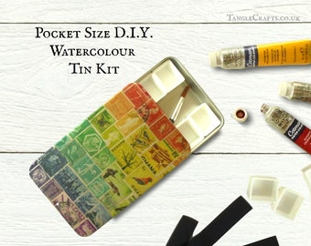 Pocket size watercolour tin, compact rainbow paintbox | DIY kit, small travel palette, portable paint box set | empty or with magnets & pans