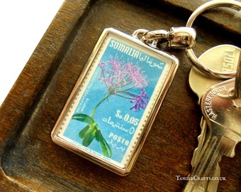 Purple Lily Keyring - upcycled 1955 postage stamp from Somalia