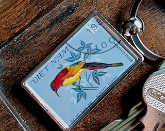 Gould's Sunbird Keyring made with upcycled 1981 postage stamp from Vietnam