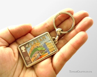 Retro British Tram Keyring - real 1988 GB postage stamp, vintage poster style