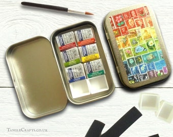Tiny rainbow watercolour kit - mini spectrum palette | Pocket size paintbox, mailable arty gift | filled tin - half pans, magnets, brush