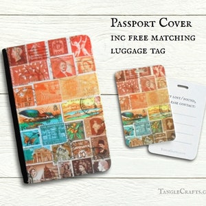 Funda para pasaporte y set de regalo de viaje con diseño de atardecer • Estampado de sellos postales, paisaje abstracto, amante de las aves eclécticas, pasaporte, billetera, caja de recuerdo, cuaderno