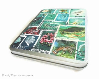 World Stamp Travel Tin - Teal Turquoise Ephemera Print - Portable Hinged Storage Tin Box for Travel Documents, Passport, Tickets, Journal