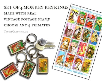 Set of 4 Monkey Keychains - choose from selection of 16, upcycled postage stamp keyring