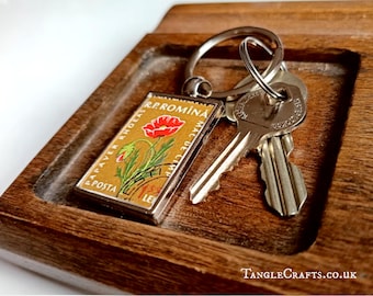 Botanical Poppy Keyring - upcycled 1965 Czech postage stamp