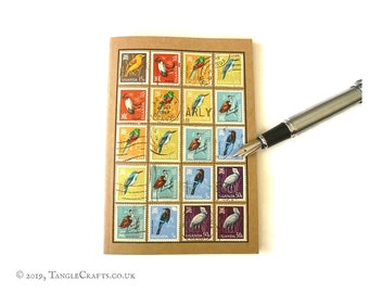 Rainbow Birds Notebook - Album-Style Cover of Upcycled Uganda Bird Stamps