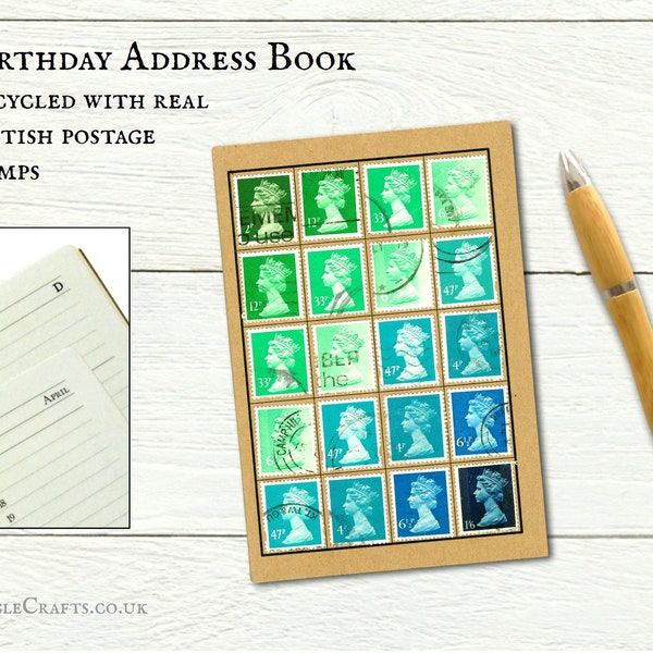 Turquoise address book, pocket month planner - A-Z notebook set • upcycled with British postage stamps • postal stationery gift for penpal