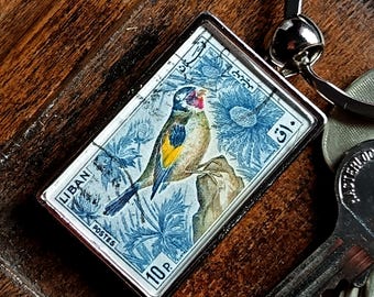 European Goldfinch Keyring made with upcycled 1965 Lebanon postage stamp
