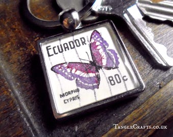 Purple Butterfly Keyring - upcycled Ecuador postage stamp from 1970