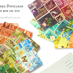 Mixed Postcard Gift Set - Postage Stamp Art Print Cards | colourful vintage postal travel theme | box set postcrossing supplies for penpal