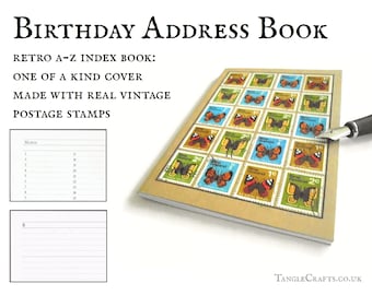 Retro butterfly address book, upcycled 70s postage stamps • quirky colourful office gift, A6 kraft index book • New Zealand travel list book