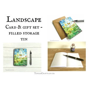 Landschaft Landschaft - Stamp Art Schreibwaren Geschenkset in Aufbewahrungsdose | Notizbuch, Karte, Notizbuch, Postkarten, Notizbuch, mit Collage