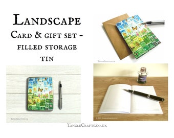 Countryside Landscape - Stamp Art Stationery Gift Set in storage tin | Postal collage print pocket notebook, card, pen, notecards, postcards