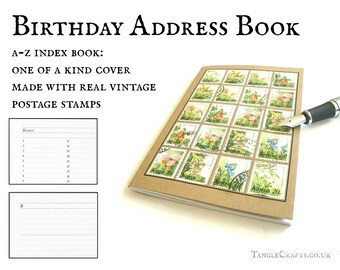 Upcycled flowers birthday book, address book • pocket planting diary, garden planner, A-Z list book • vintage floral Kenya postal stamps