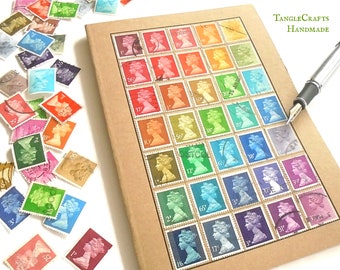 Rainbow notebook, A5 journal decorated with real British postage stamps | one of a kind upcycled stationery | stamp collector office gift UK