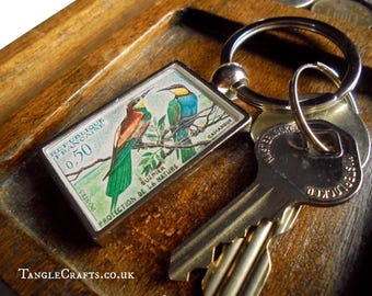 Bee Eater Couple Keyring - upcycled vintage postage stamp, France 1960