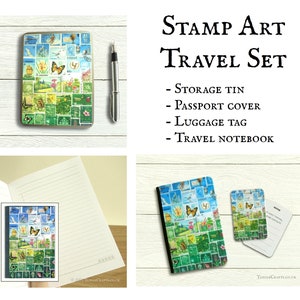 Summer Nature Travel Kit - Reisepasshülle, Gepäckanhänger, Urlaub, Blechdose | Abstrakte Landschaft Druck einer Briefmarke Collagenkunst